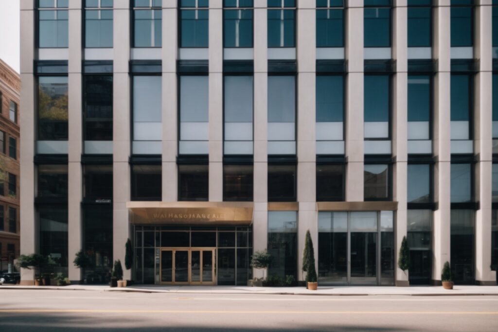 exterior of commercial building in Washington DC with tinted windows