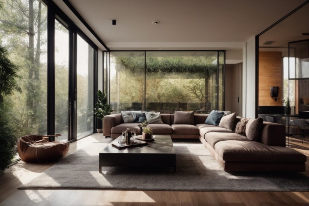 Modern home living room with tinted windows for privacy and sunlight control