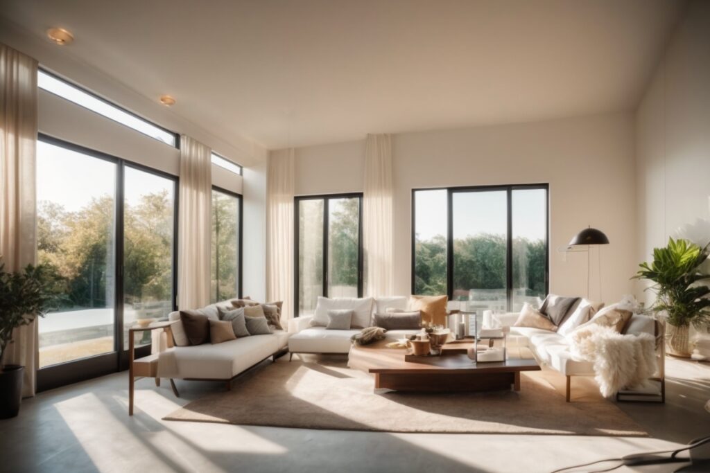 Interior room with heat reduction window film, sunlit without excessive glare, energy-efficient home decor