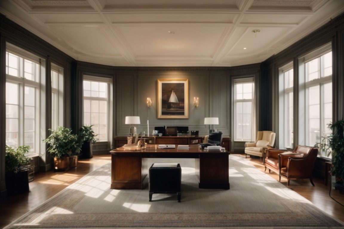 historic Washington DC office interior, large windows with glare reduction film